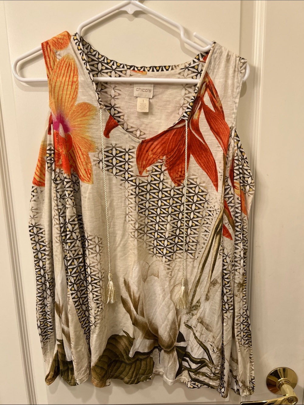 Chico's Cream Floral Cold-Shoulder Tank with Orange and Pink Accents